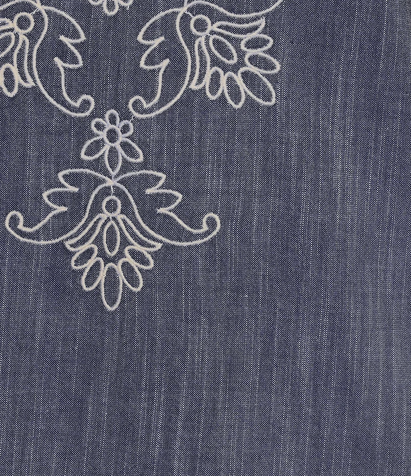 Kate Landry by Landry Embroidered Trim Short Sleeve Split V-Neck Woven Chambray Caftan