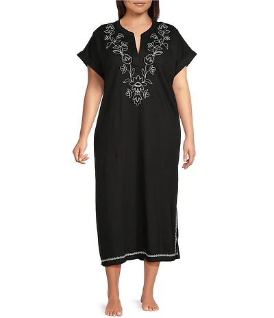 Kate Landry by Landry Plus Size Embroidered Trim Short Sleeve Split V-Neck Woven Caftan