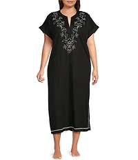 Kate Landry by Landry Plus Size Embroidered Trim Short Sleeve Split V-Neck Woven Caftan