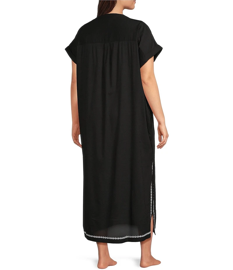 Kate Landry by Landry Plus Size Embroidered Trim Short Sleeve Split V-Neck Woven Caftan