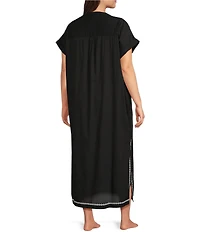 Kate Landry by Landry Plus Size Embroidered Trim Short Sleeve Split V-Neck Woven Caftan