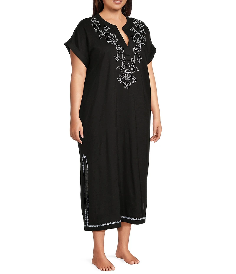 Kate Landry by Landry Plus Size Embroidered Trim Short Sleeve Split V-Neck Woven Caftan