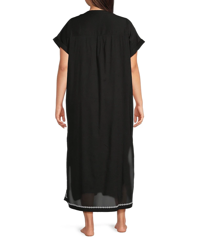 Kate Landry by Landry Plus Size Embroidered Trim Short Sleeve Split V-Neck Woven Caftan