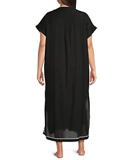 Kate Landry by Landry Plus Size Embroidered Trim Short Sleeve Split V-Neck Woven Caftan