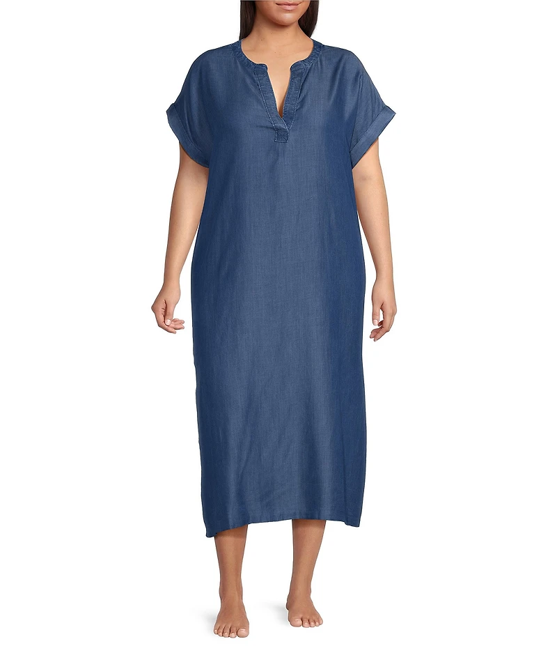 Kate Landry by Landry Plus Size Solid Chambray Short Sleeve Split V-Neck Woven Caftan