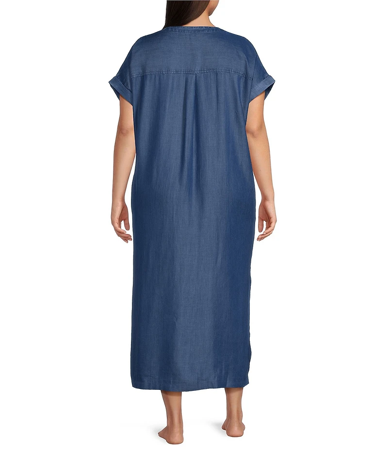 Kate Landry by Landry Plus Size Solid Chambray Short Sleeve Split V-Neck Woven Caftan