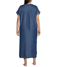 Kate Landry by Landry Plus Size Solid Chambray Short Sleeve Split V-Neck Woven Caftan