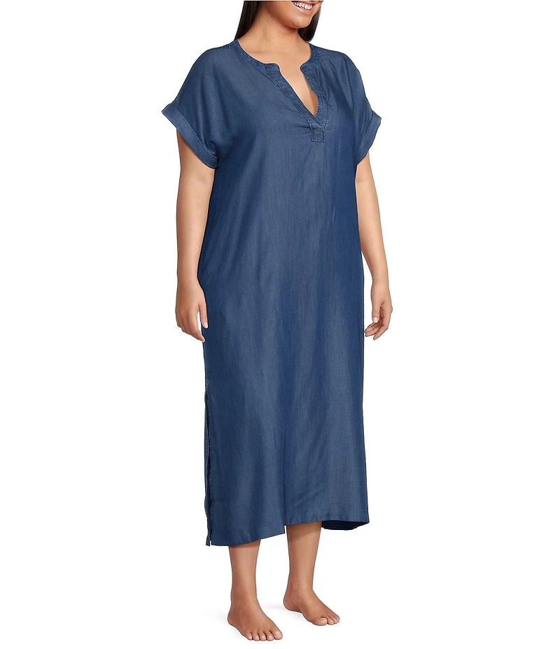 Kate Landry by Landry Plus Size Solid Chambray Short Sleeve Split V-Neck Woven Caftan