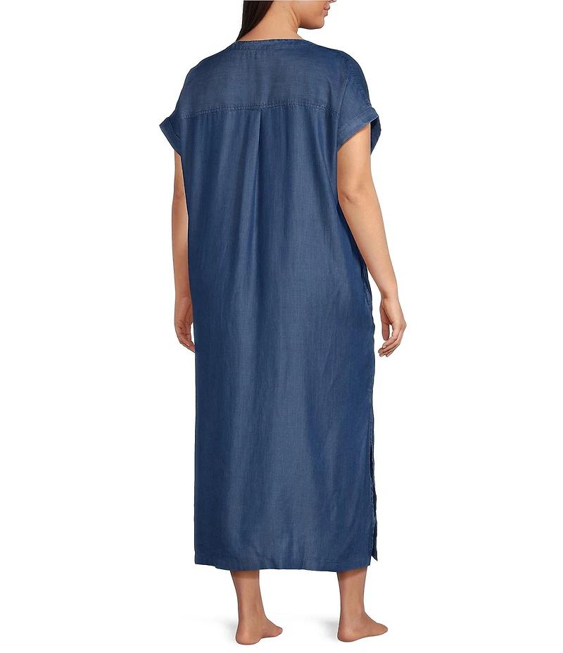 Kate Landry by Landry Plus Size Solid Chambray Short Sleeve Split V-Neck Woven Caftan