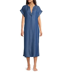 Kate Landry by Landry Solid Chambray Short Sleeve Split V-Neck Woven Caftan
