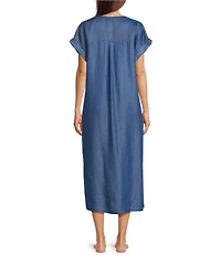 Kate Landry by Landry Solid Chambray Short Sleeve Split V-Neck Woven Caftan