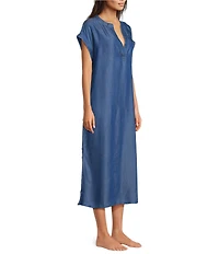 Kate Landry by Landry Solid Chambray Short Sleeve Split V-Neck Woven Caftan