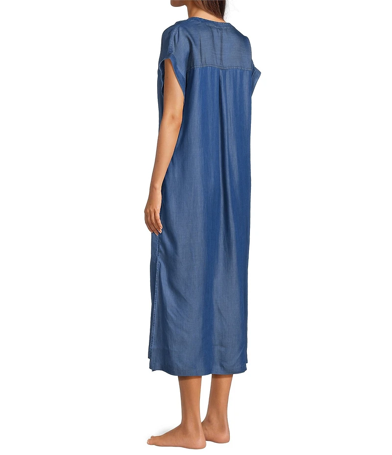 Kate Landry by Landry Solid Chambray Short Sleeve Split V-Neck Woven Caftan
