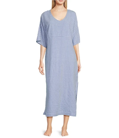 Kate Landry by Landry Striped Woven Blue Dobby Short Sleeve Round Neck Caftan