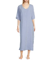 Kate Landry by Landry Striped Woven Blue Dobby Short Sleeve Round Neck Caftan