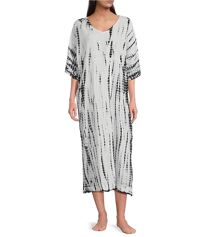 Kate Landry by Landry Woven Black Tie Dye Short Sleeve V-Neck Caftan