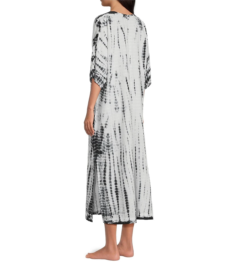 Kate Landry by Landry Woven Black Tie Dye Short Sleeve V-Neck Caftan