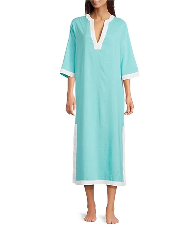 Kate Landry by Landry Woven Long Sleeve Split Round Neck Caftan