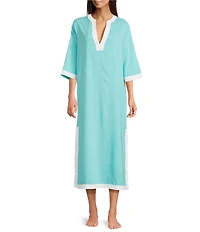 Kate Landry by Landry Woven Long Sleeve Split Round Neck Caftan