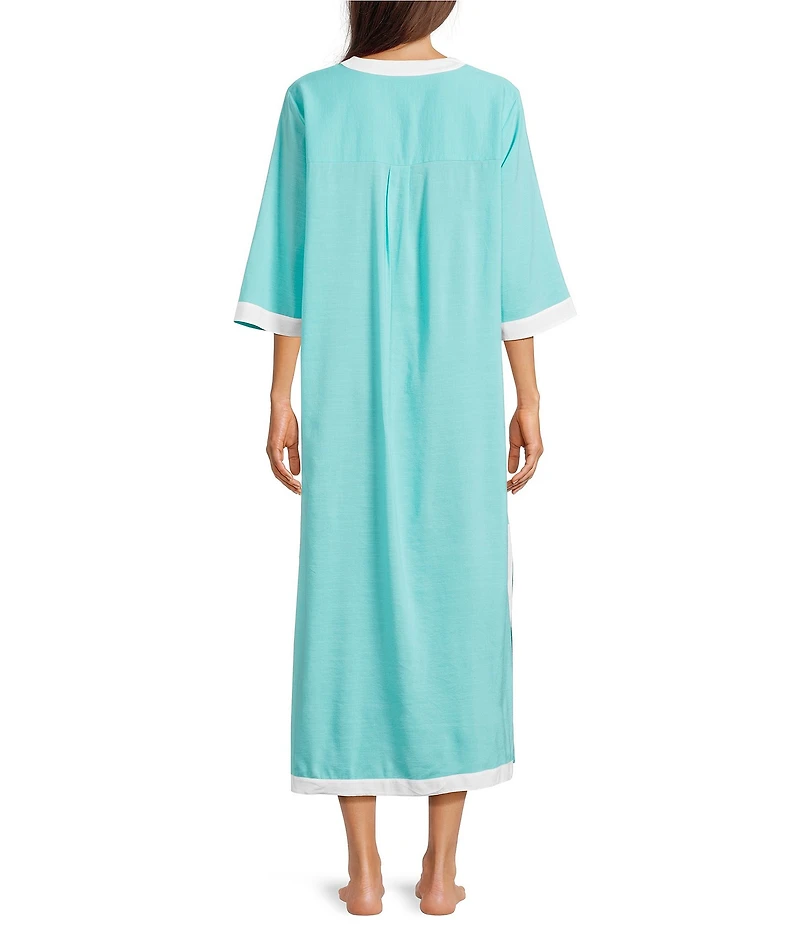 Kate Landry by Landry Woven Long Sleeve Split Round Neck Caftan