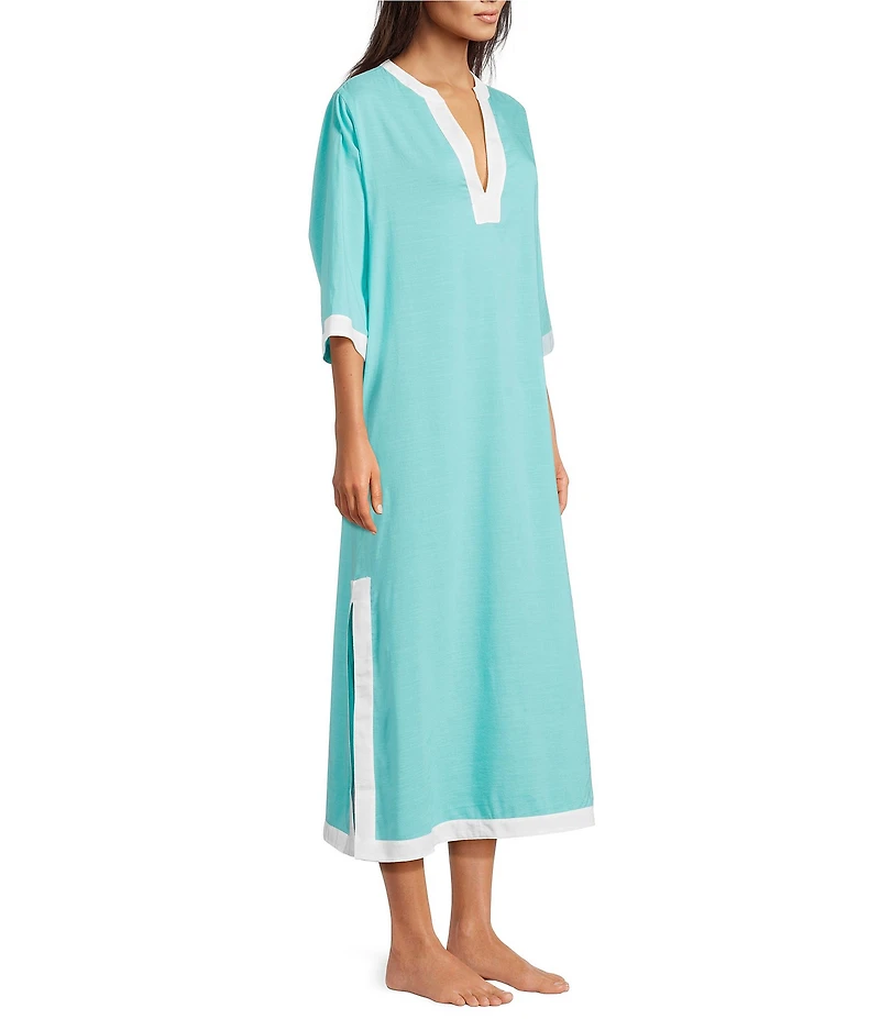 Kate Landry by Landry Woven Long Sleeve Split Round Neck Caftan