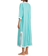 Kate Landry by Landry Woven Long Sleeve Split Round Neck Caftan