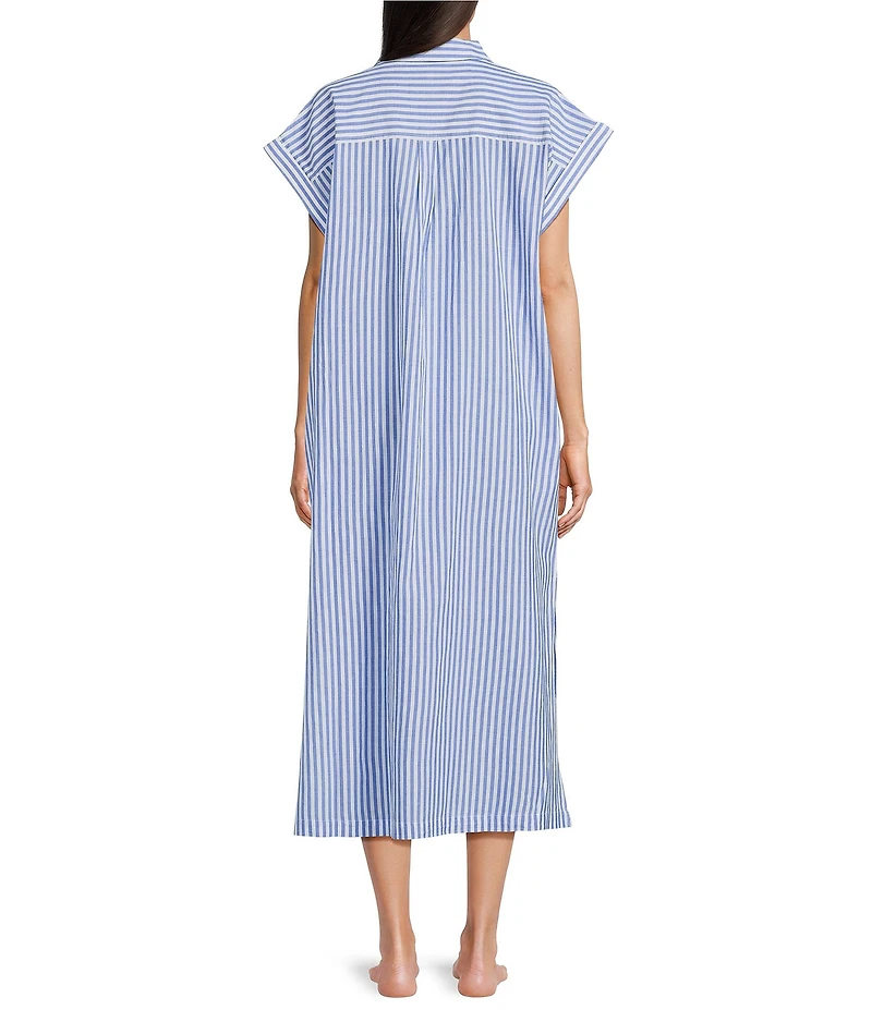 Kate Landry by Landry Yarn Dye Woven Short Sleeve Collared Split V-Neck Long Caftan