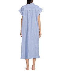 Kate Landry by Landry Yarn Dye Woven Short Sleeve Collared Split V-Neck Long Caftan