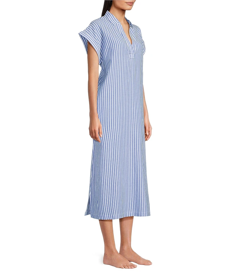 Kate Landry by Landry Yarn Dye Woven Short Sleeve Collared Split V-Neck Long Caftan