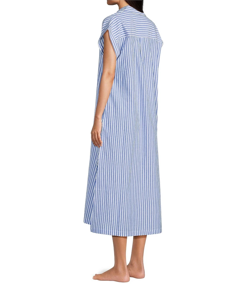 Kate Landry by Landry Yarn Dye Woven Short Sleeve Collared Split V-Neck Long Caftan