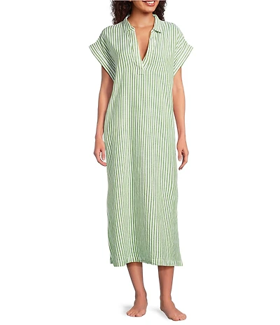 Kate Landry by Landry Yarn Dye Woven Short Sleeve Collared Split V-Neck Long Caftan