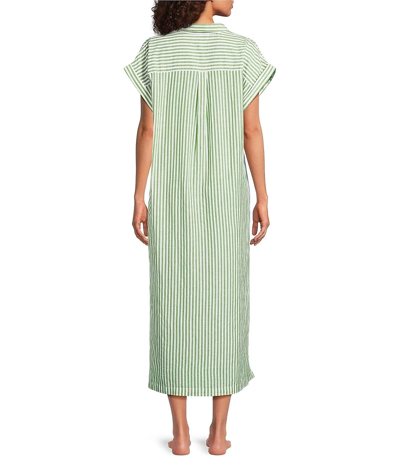 Kate Landry by Landry Yarn Dye Woven Short Sleeve Collared Split V-Neck Long Caftan