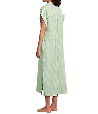 Kate Landry by Landry Yarn Dye Woven Short Sleeve Collared Split V-Neck Long Caftan