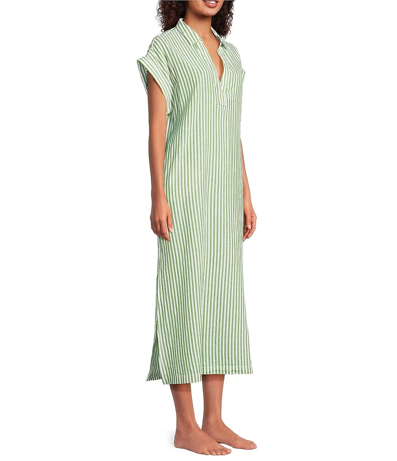 Kate Landry by Landry Yarn Dye Woven Short Sleeve Collared Split V-Neck Long Caftan