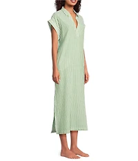 Kate Landry by Landry Yarn Dye Woven Short Sleeve Collared Split V-Neck Long Caftan