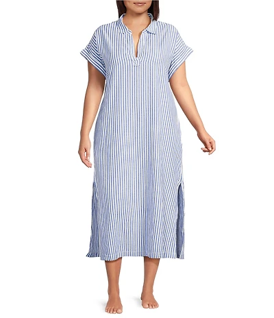 Kate Landry Plus Size Yarn Dye Woven Short Sleeve Split Collared Long Caftan