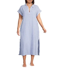 Kate Landry Plus Size Yarn Dye Woven Short Sleeve Split Collared Long Caftan