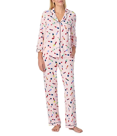 kate spade new york 3/4 Sleeve Notch Collar Brushed Jersey Knit Liptstick Toss Print Long Pajama Set
