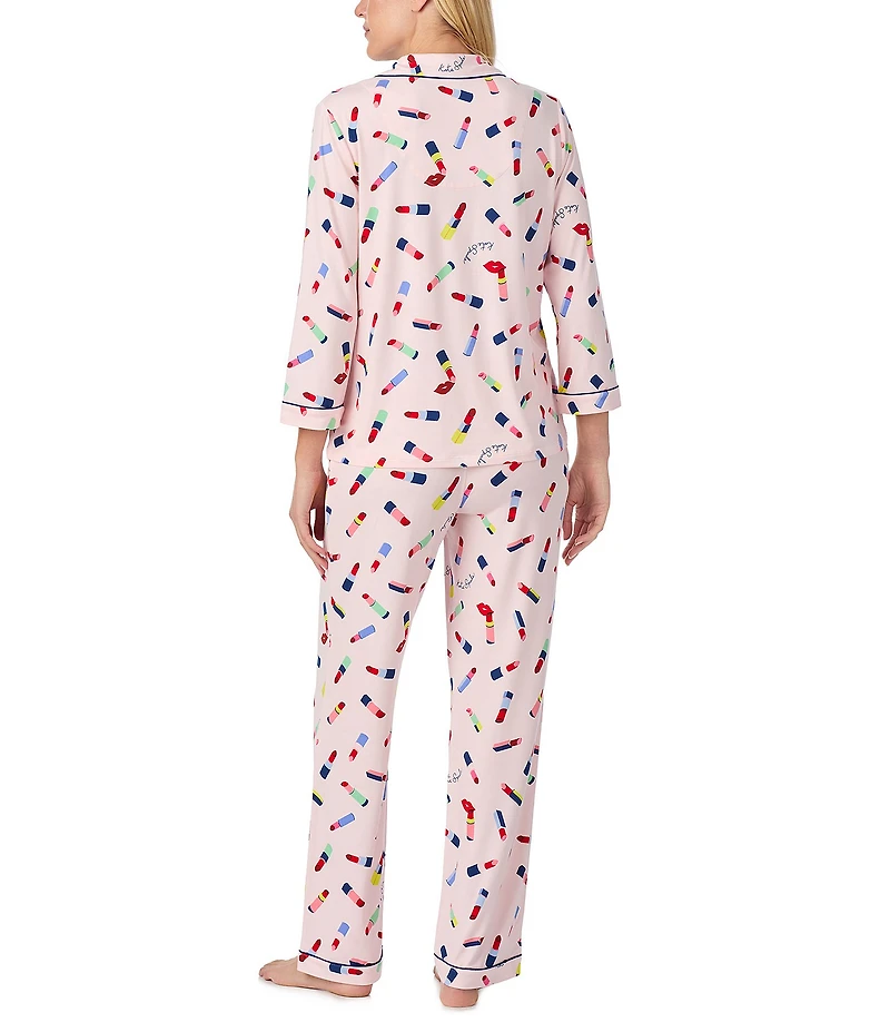 kate spade new york 3/4 Sleeve Notch Collar Brushed Jersey Knit Liptstick Toss Print Long Pajama Set
