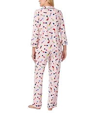 kate spade new york 3/4 Sleeve Notch Collar Brushed Jersey Knit Liptstick Toss Print Long Pajama Set