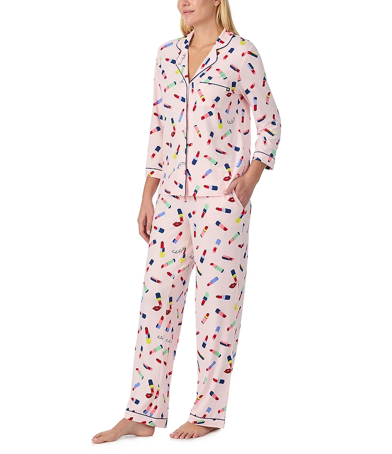 kate spade new york 3/4 Sleeve Notch Collar Brushed Jersey Knit Liptstick Toss Print Long Pajama Set
