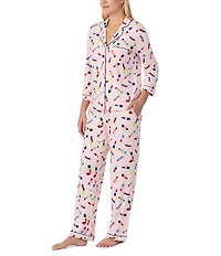 kate spade new york 3/4 Sleeve Notch Collar Brushed Jersey Knit Liptstick Toss Print Long Pajama Set