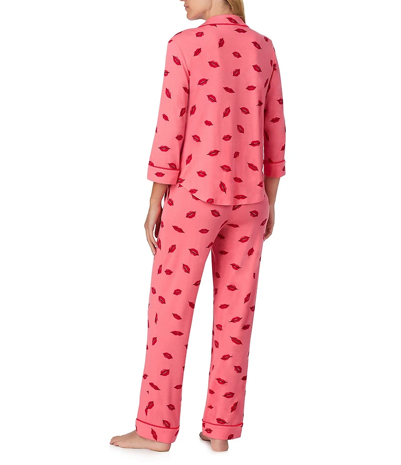 kate spade new york 3/4 Sleeve Notch Collar Jersey Knit Thousand Kisses Valentine's Day Long Pajama Set
