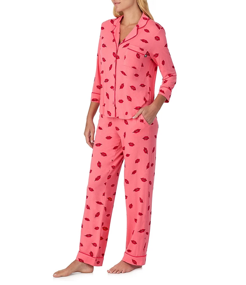 kate spade new york 3/4 Sleeve Notch Collar Jersey Knit Thousand Kisses Valentine's Day Long Pajama Set