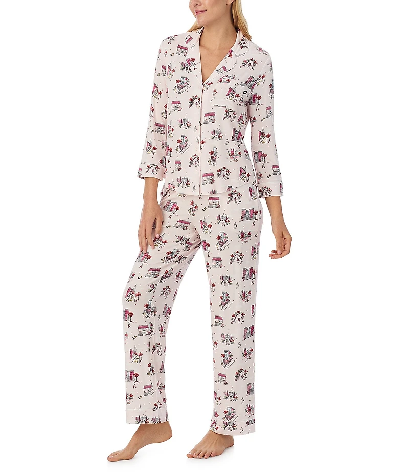kate spade new york 3/4 Sleeve Notch Collar Long Knit Autumn Print Long Pajama Set
