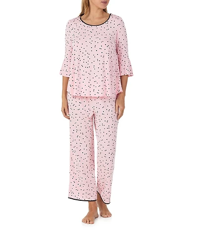 kate spade new york 3/4 Sleeve Round Neck Jersey Knit Dotted Long Pajama Set