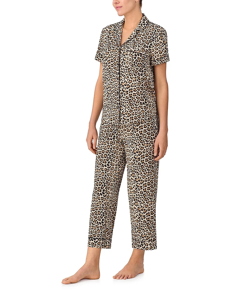 kate spade new york Animal Print Short Sleeve Notch Collar Button-Front Knit Cropped Pajama Set