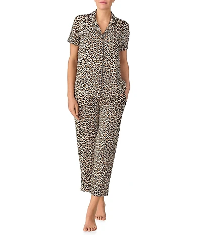 kate spade new york Animal Print Short Sleeve Notch Collar Button-Front Knit Cropped Pajama Set