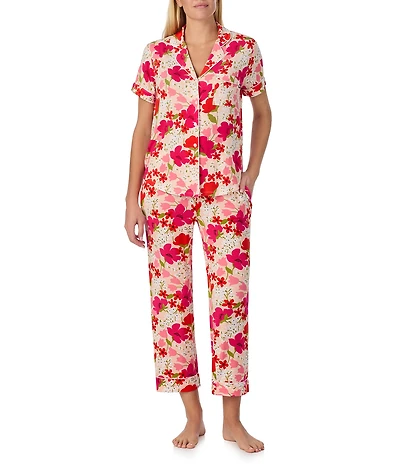 kate spade new york Bountiful Garden Floral Short Sleeve Notch Collar Button-Front Jersey Knit Cropped Pajama Set