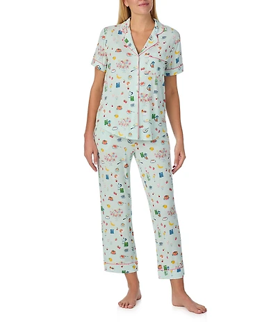 kate spade new york Breakfast in Bed Novelty Short Sleeve Notch Collar Button-Front Jersey Knit Cropped Pajama Set